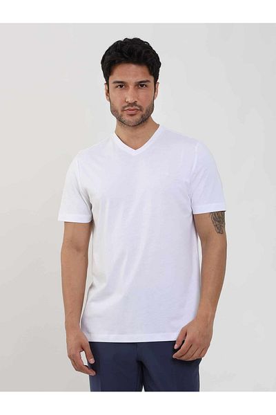 Dufy White Men's Slim Fit Plain V-Neck T-Shirt - 105558