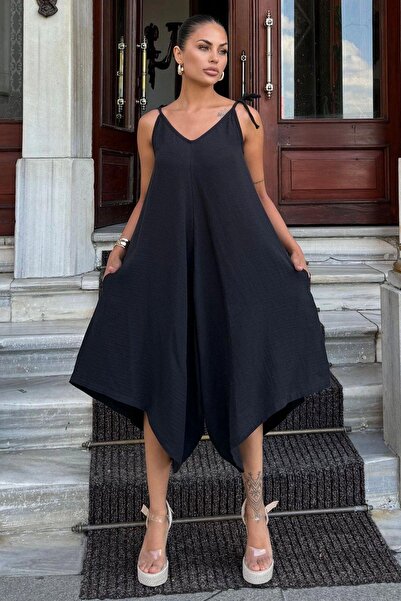 NEW LAVİVA Black Muslin Women's Jumpsuit - Rope Strap, Asymmetric Cut, Anti-Sweat and Loose