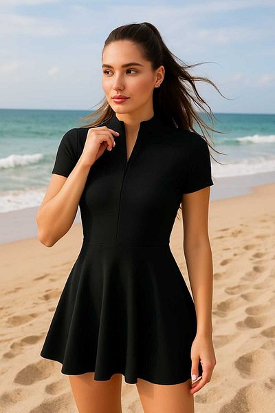 miss ledonna Lycra Zippered United Shorts Skirted Swimsuit Black (1 Size Large Can Be Taken)