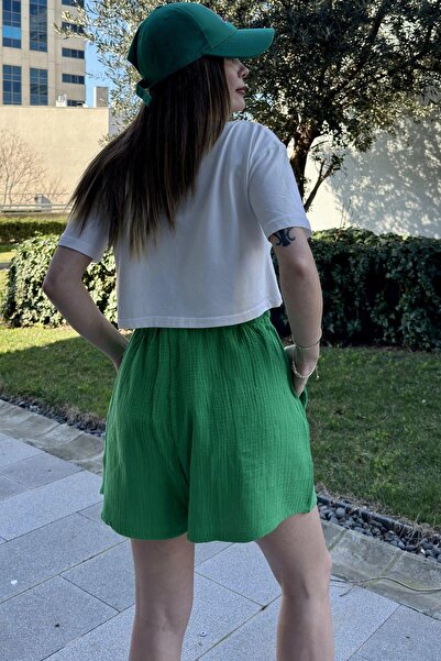 NEW LAVİVA Green Casual Muslin Women's Shorts - Pocketed and Laced Design