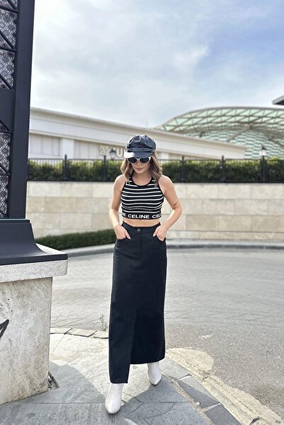 NEW LAVİVA Women's Black Half Slit Front, High Waist, Pocket Long Gabardine Skirt