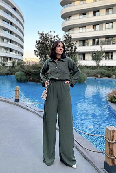 NEW LAVİVA Kadın Haki Uzun Kol, Gömlek Yaka, Beli Lastikli, 4 Cepli, Bilekleri Lastikli, Salaş Tulum