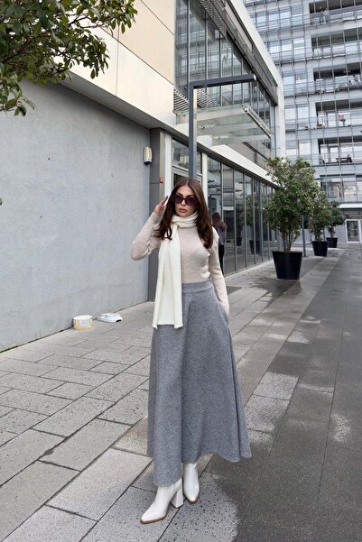 NEW LAVİVA Kadın Antrasit Yüksek Bel, Cepli, Kiloş Kesim, Uzun Kaşe Etek