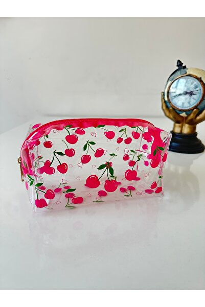 SENEM DESİGN Çok Amaçlı Kiraz Desenli Şeffaf Makyaj Çantası Ve Kalemlik