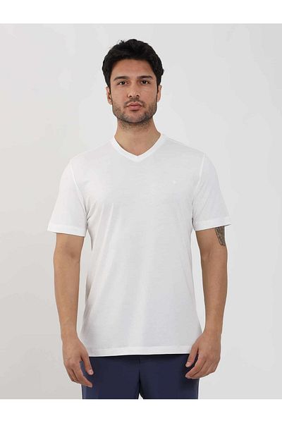 Dufy Ecru Men's Slim Fit Plain V-Neck T-Shirt - 105564