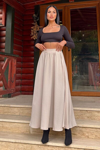 NEW LAVİVA Бежева еластична висока талія, А-силует, вільна та розкльошена, довга спідниця з купра
