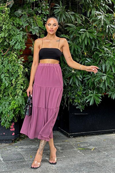 NEW LAVİVA Kadın Gül Kurusu Kat Kumaşlı, Rahat Kesim, Bel Lastikli, Uzun Şifon Etek