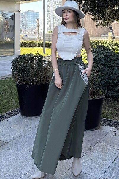 NEW LAVİVA Talie elastică kaki pentru femei, buzunare brodate cu paie, croială confortabilă, fustă lungă în evazată