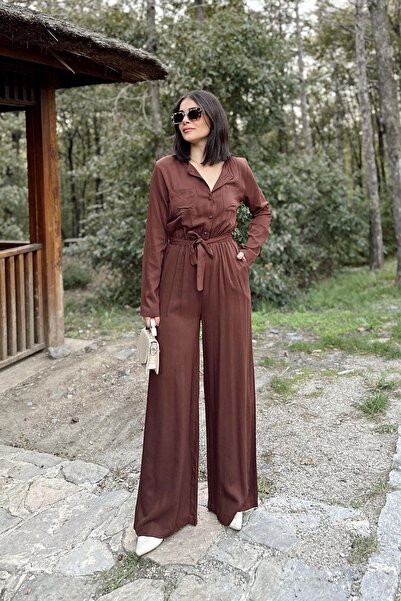 NEW LAVİVA Kadın Kahve Uzun Kol, Yuvarlak Yaka, Beli Lastikli Ve Kemerli, Çift Cepli, Salaş Tulum