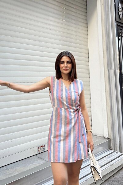 NEW LAVİVA Saks & Kırmızı Kolsuz, Keten, Kruvaze, Belden Bağlamalı, Elbise Görünümlü Şort Etekli Kısa Tulum