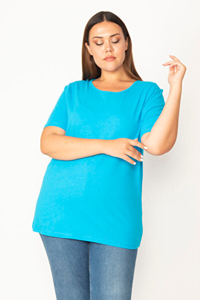 Şans Women's Plus Size Turquoise, Cotton Fabric, Crew Neck, Short Sleeve Blouse 65N39056