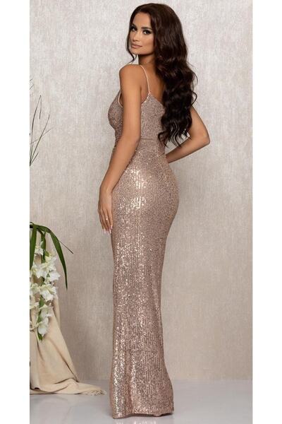 dükkan10butika Γυναικείο βραδινό φόρεμα με λουράκια στη μέση με σκίσιμο πούλιες ή χάλκινο φόρεμα επιστροφής στο σπίτι