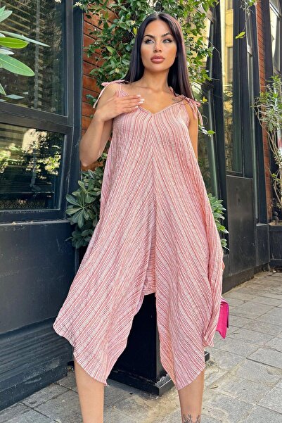 NEW LAVİVA Claret Red Rope Strap Asymmetric Cut Textured Fabric Women's Jumpsuit