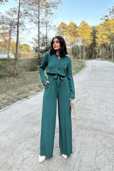 NEW LAVİVA Women's Emerald Green Long Sleeve, Round Neck, Elastic Waist and Belt, Double Pocket, Loose Jumpsuit