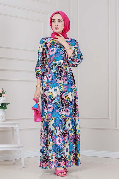 Sevitli Floral Viscon Dress with Tunnel at the Waist-Blue