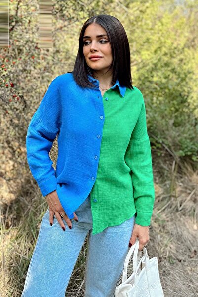 NEW LAVİVA Tesatura de muselina albastră și verde pentru femei, bloc dublu, fustă ovala, mânecă lungă, cămașă cu croială normala