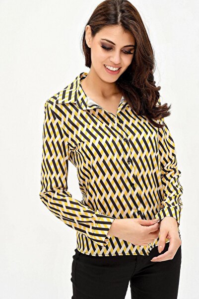 NEW LAVİVA Guler clasic muștar pentru femei, model grafic, cămașă creponată, mânecă lungă, croială solidă, mărime standard