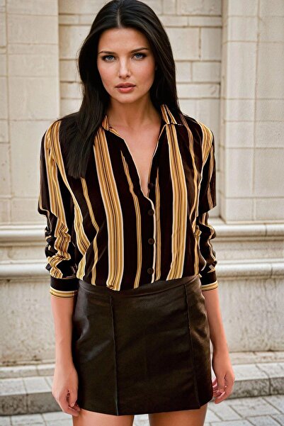 NEW LAVİVA Siyah Gömlek Yaka, Renkli Çizgili, Klasik Gömlek