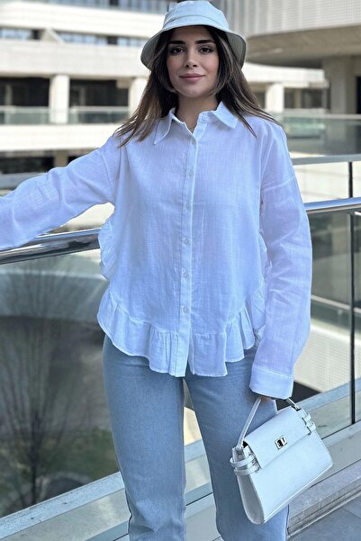 NEW LAVİVA Kadın Beyaz Eteği Fırfır Ve Yırtmaç Detaylı, Terletmez Rahat Kumaş, Salaş Gömlek ( Pamuklu Keten)