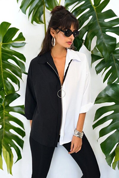 NEW LAVİVA قميص نسائي أسود بياقة بولو وأكمام طويلة من Ferumaru بتفاصيل بلونين...