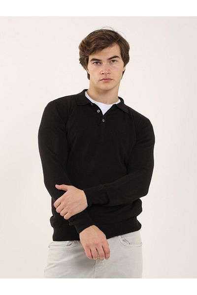 Dufy Black Men's Slim Fit Plain Classic Polo Neck Knitwear - 91147