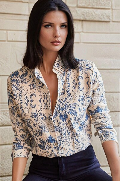 NEW LAVİVA Cămașă albă cu model etnic, croială clasică, cu mânecă lungă