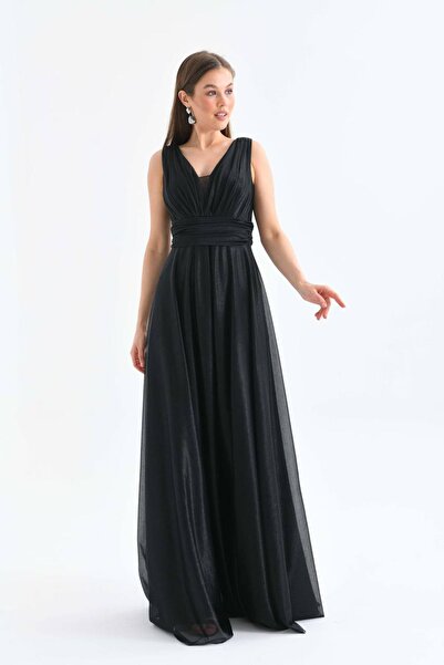 Neşeli Butik kadın siyah v yaka simli tül abiye elbise NBS9223