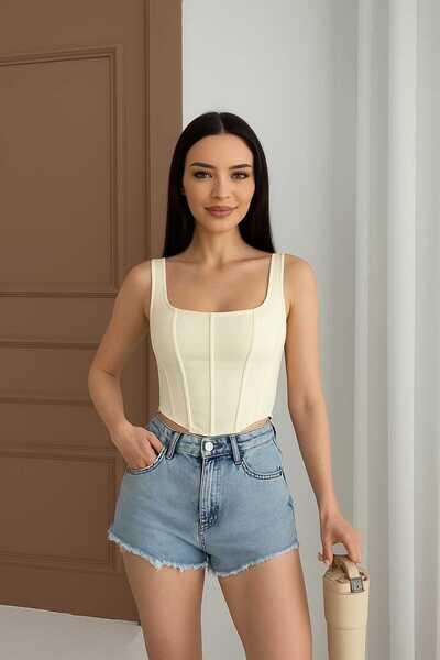 NOTCHTR Women's Square Neck Strap Crop Top Denim Corset Blouse