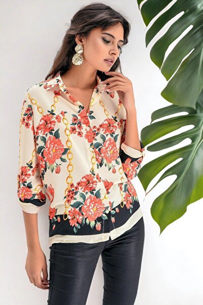 NEW LAVİVA Kadın Bej Modern Tarz, Desenli Uzun Kol Gömlek