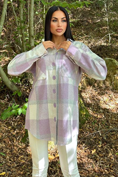 NEW LAVİVA Buzunar dublu liliac, model în carouri, potrivire confortabilă, cămașă cu ștampilă lejeră