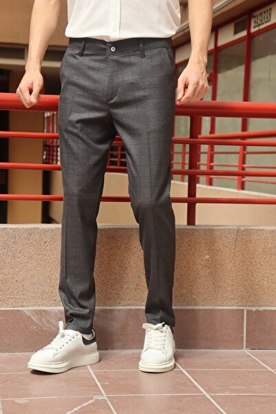 inpool Men's Anthracite Plaid Pattern Slim-fit Polyviscose Trousers