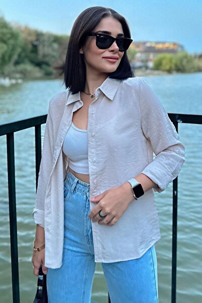 NEW LAVİVA Women's Beige Classic Collar Long Sleeve Regular Cut Standard Size Shirt (Custom Fabric)