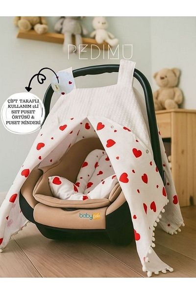 Pedimu Double Sided Baby Stroller Cover & Cushion Set of 2 – Waffle Pique & Heart Poplin – Special Pouch Gift