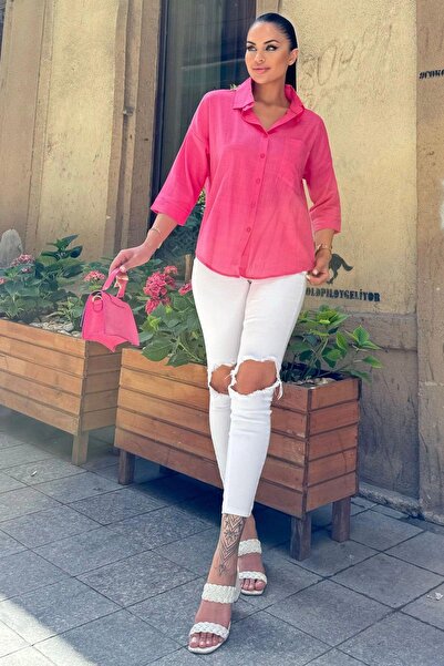 NEW LAVİVA Kadın Fuşya Truvakar Kol, Oval Kesim, Terletmez, Flamlı Keten Salaş Gömlek