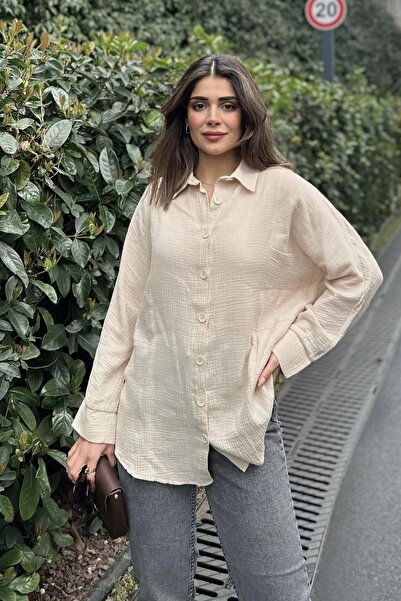 NEW LAVİVA Women's Beige Bat Sleeve, Pocket Detail, Loose Muslin Shirt