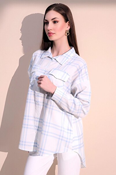 NEW LAVİVA Kadın Mavi Uzun Kol Şık Salaş Ekose Çift Cep Gömlek