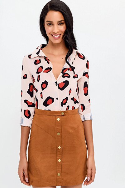 NEW LAVİVA Women's Ecru Leopard Print, Classic Collar, Long Sleeve, Regular Cut, Standard Length Shirt