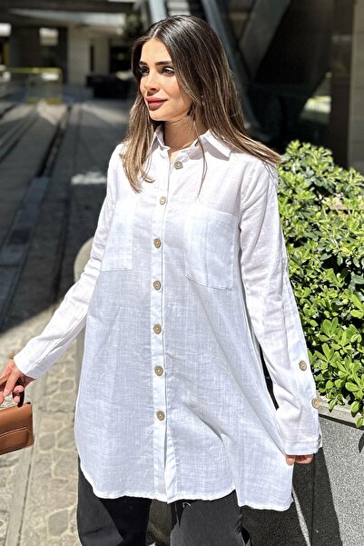 NEW LAVİVA White Wooden Buttoned Pleated Tunic Shirt - Long Sleeve, Cotton