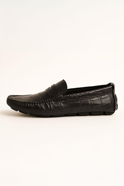 Deriderim Black Crocodile Patterned Genuine Leather Men's Shoes
