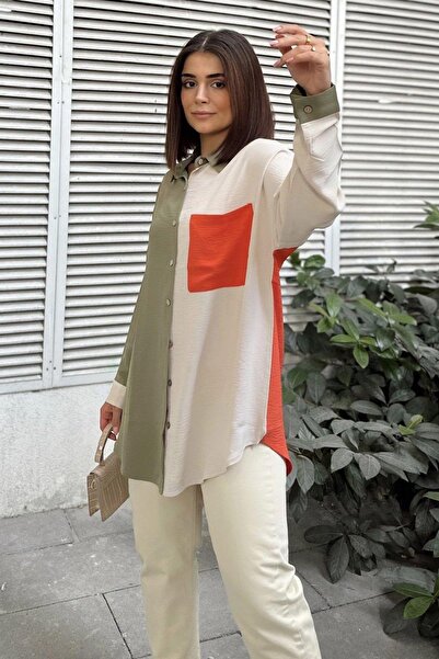 NEW LAVİVA Kadın Haki & Oranj Uzun Kol Detaylı Renk Bloklu Oversize Gömlek Cepli Uzun Tunik Gömlek