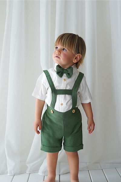 Catz Kids Pantaloni scurți de muselină kaki Salopet + Cămașă de in cu mânecă scurtă + Papion