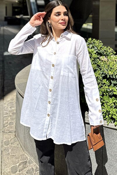NEW LAVİVA White Wooden Buttoned Pleated Tunic Shirt - Long Sleeve, Cotton