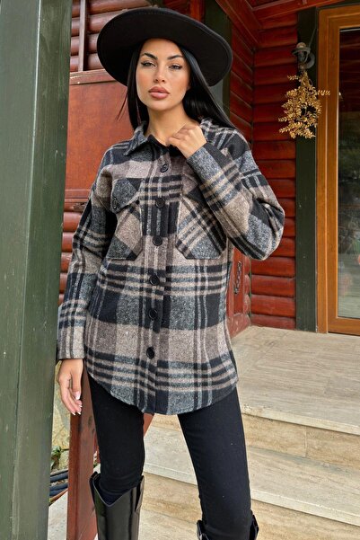 NEW LAVİVA Кафяв тартан модел, мека текстура, свободна кройка, риза в стил дървосекач