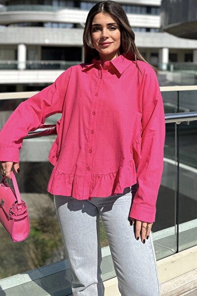 NEW LAVİVA Kadın Fuşya Eteği Fırfır Ve Yırtmaç Detaylı, Terletmez Rahat Kumaş, Salaş Gömlek ( Pamuklu Keten)