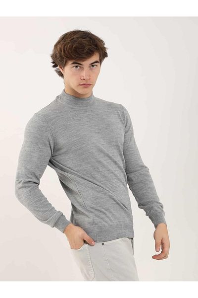 Dufy Tricotaj pentru bărbați, slim fit, drept, clasic, cu jumătate de gât, gri Melange - 91112