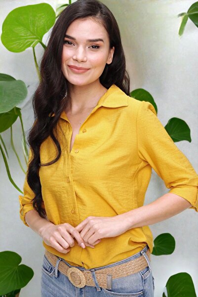 NEW LAVİVA Kadın Hardal Klasik Yaka Uzun Kol Regular Kesim Standart Boy Gömle...