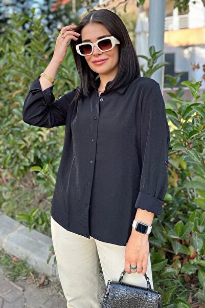 NEW LAVİVA Kadın Siyah Klasik Yaka Uzun Kol Regular Kesim Standart Boy Gömlek...