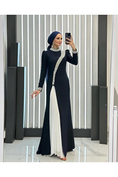 MERETTO By Akıl Πέτρινος κεντημένος γιακάς δικαστή 1ης ποιότητας με επένδυση Suzana υφασμάτινο μακρύ βραδινό φόρεμα Hijab