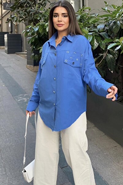 NEW LAVİVA Cămașă din poplin Saks Color pentru femei - Detaliu epoleți și capse, anti-transpirație