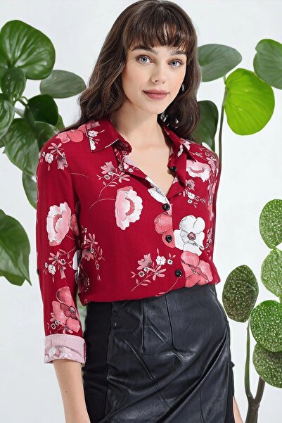 NEW LAVİVA Cămașă cu mânecă lungă cu modele florale de damă în stil modern Bordeaux